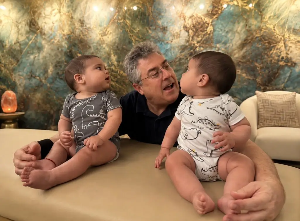 Dr. Mark Dulberg with twin infant patients at Luxury Chiropractic